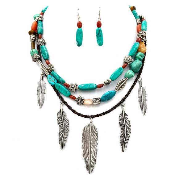 Turquoise‎ Feather Southwestern Boho Multi Necklace and Earrings Set - Picture 4 of 11